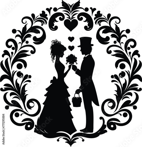 couple gift a flower with victorian flourish decoration in black and white illustration