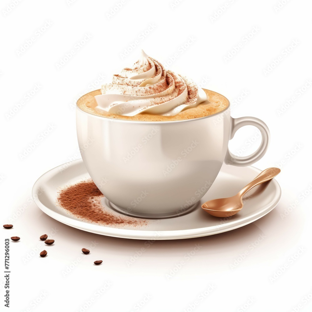 A steaming cup of coffee with a swirl of aromatic cream and a sprinkle of cocoa powder, isolated on white background A steaming cup of coffee with a swirl of aromatic cream and a sprinkle of cocoa powder, isolated on white background