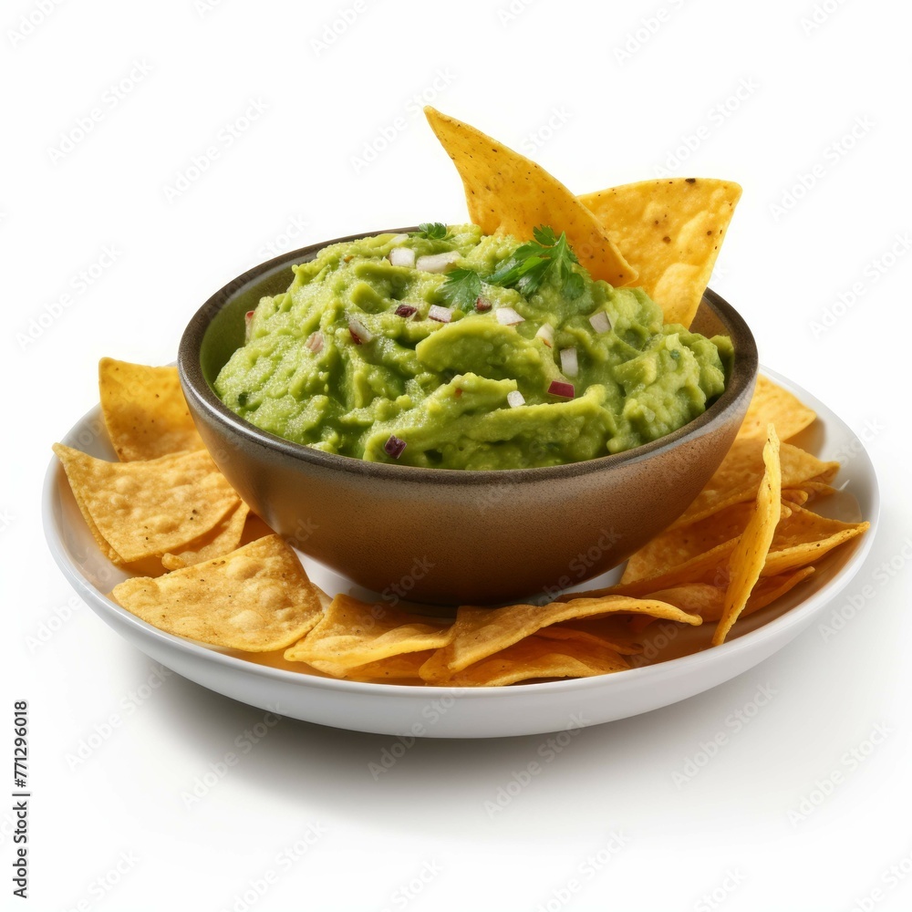 A bowl of freshly made guacamole, with a few chips for dipping, isolated on white background A bowl of freshly made guacamole, with a few chips for dipping, isolated on white background