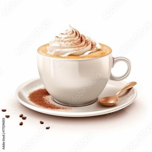A steaming cup of coffee with a swirl of aromatic cream and a sprinkle of cocoa powder, isolated on white background