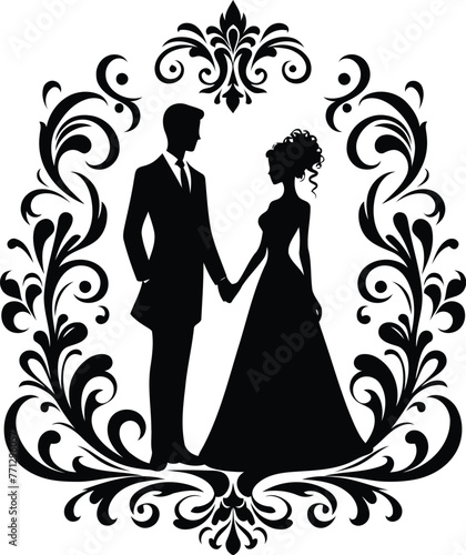 couple dating with victorian flourish decoration in black and white illustration