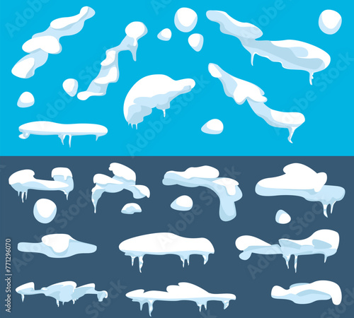 Snow and ice vector frames. Winter cartoon snow caps, snowdrifts and icicles. Illustration of snowcap for web design