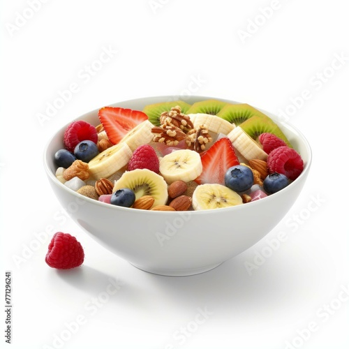 A bowl of cereal with a variety of fruits and nuts sprinkled on top, isolated on white background