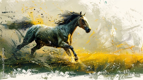 Golden brushstrokes on oil canvas for a modern art background featuring horses in green and gray. Ideal for wallpapers  posters  murals  carpets  and prints.