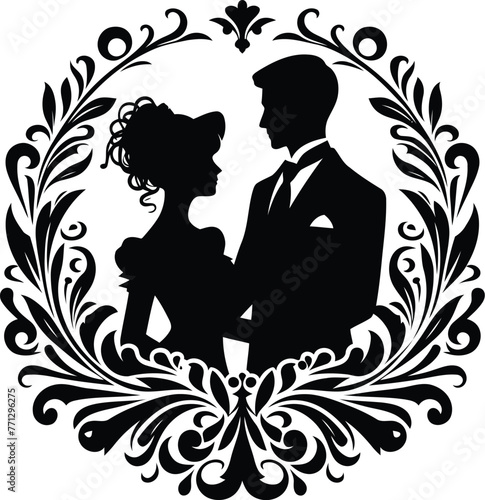 couple dating with victorian flourish decoration in black and white illustration