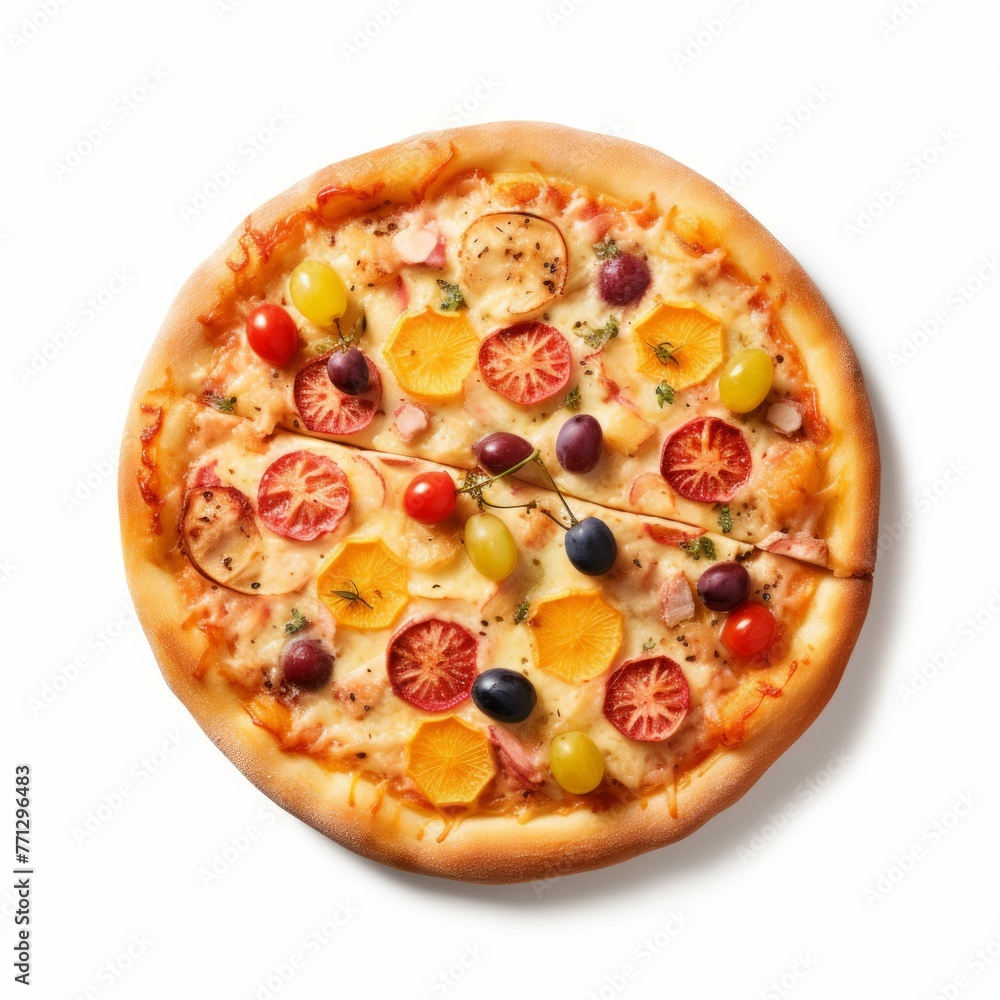 A pizza with a golden-brown crust, topped with a variety of fruits, isolated on white background