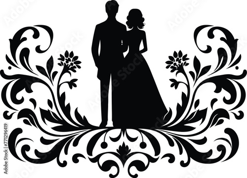 couple dating with victorian flourish decoration in black and white illustration