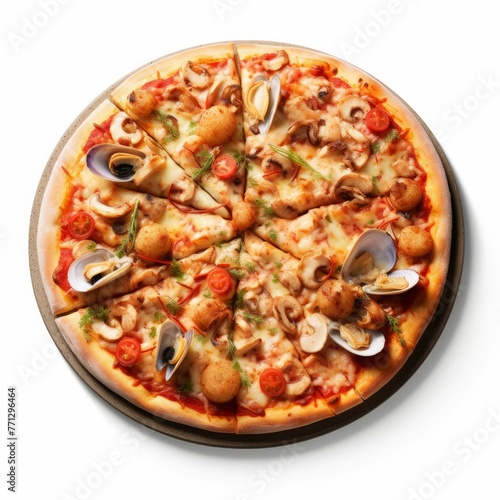 A pizza with a golden-brown crust, topped with a variety of seafood, isolated on white background