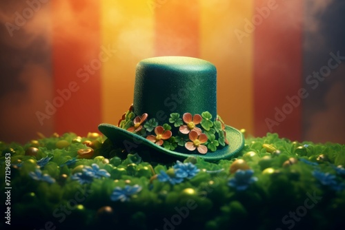 A leprechaun hat with a four-leaf clover and a rainbow in the background