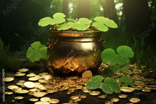 A pot of gold coins in a meadow of green clovers