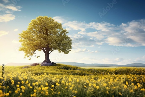 A single tree standing in a field of wildflowers  with a clear blue sky and a bright sun shining down