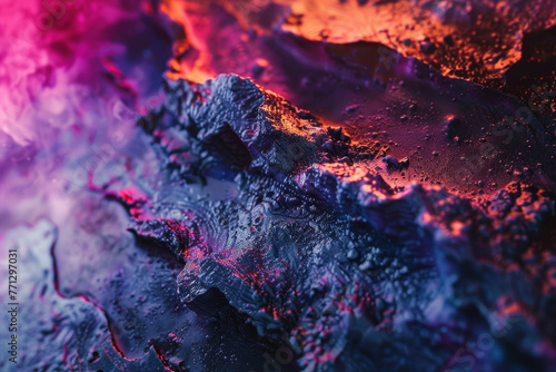 A colorful, abstract image of a rocky landscape with a lava flow