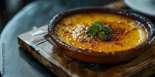 A mouthwatering Crema Catalana dessert with caramelized sugar captured in a close-up shot on a wooden tray. Concept Food Photography, Dessert Presentation, Close-up Shots, Culinary Art