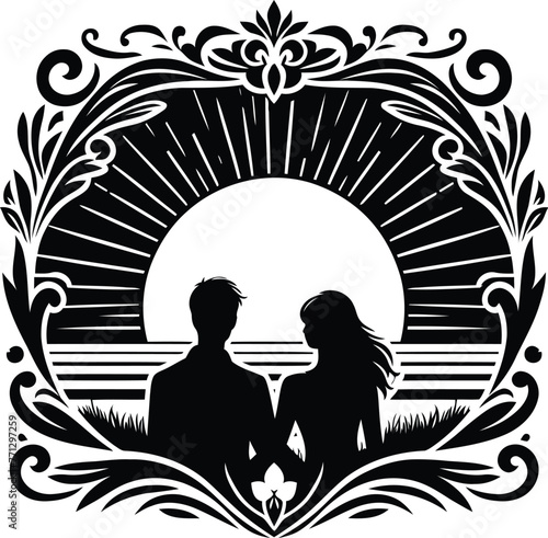 couple watching sunset with victorian flourish decoration in black and white illustration