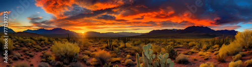 Painting of the Arizona desert with cacti and mountains at sunset, with orange sky and clouds, in an oil painting style photo
