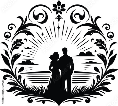couple watching sunset with victorian flourish decoration in black and white illustration
