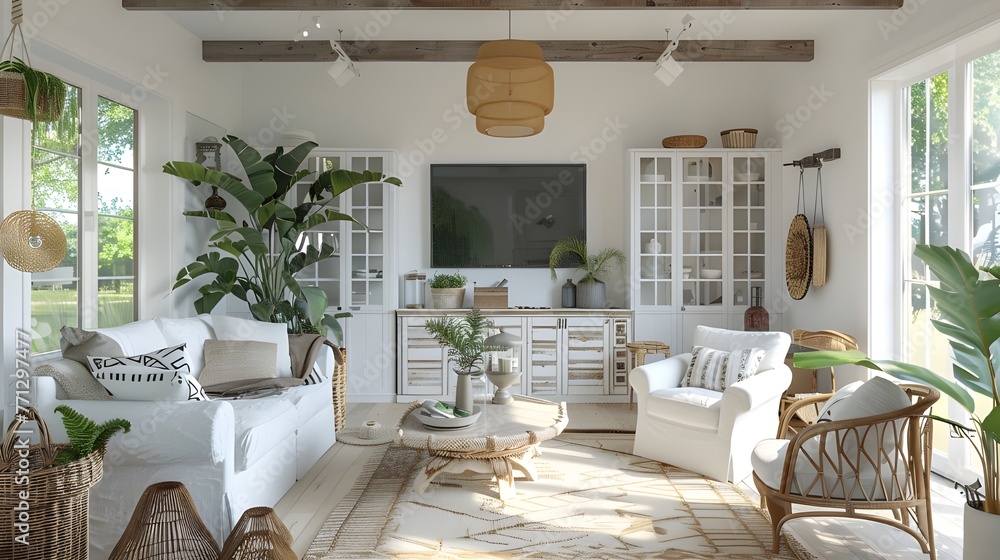 Boho, country home interior design of modern living room. - obrazy, fototapety, plakaty 