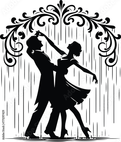 couple dancing in the rain with victorian flourish decoration in black and white illustration