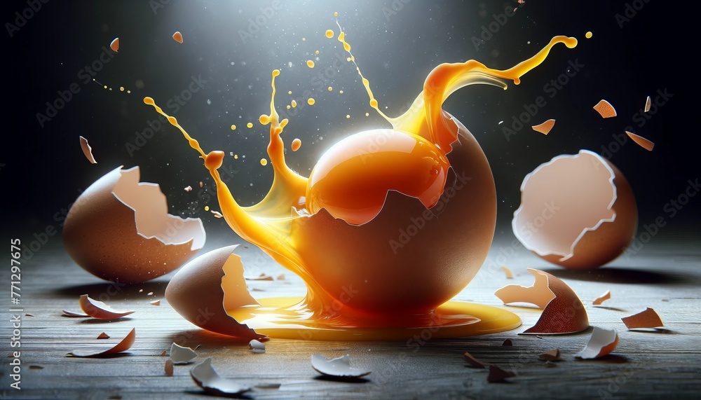 Egg yolk performing a dance, ultra HD, realistic texture, shells strewn, dynamic lighting - obrazy, fototapety, plakaty 
