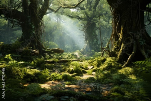 A lush green forest with a variety of trees, leaves, and moss growing in abundance