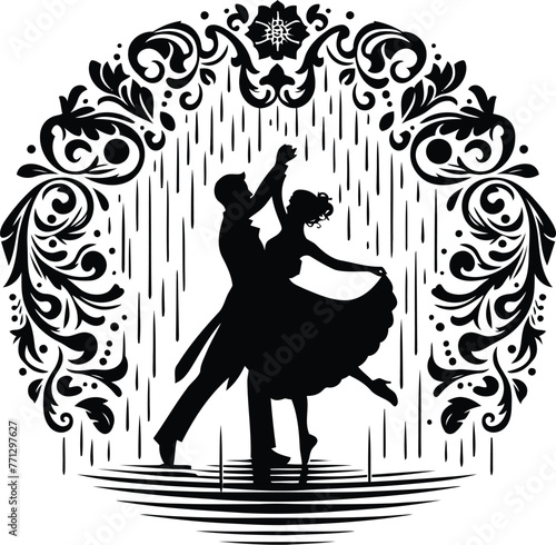 couple dancing in the rain with victorian flourish decoration in black and white illustration