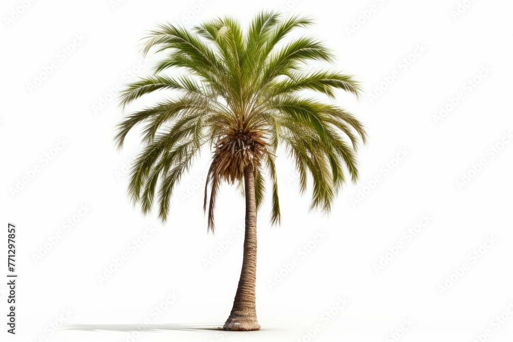 Obraz premium A mature palm tree with its tall trunk and long fronds, isolated on white background