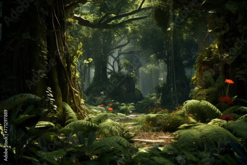 A variety of trees and plants in a lush and vibrant forest