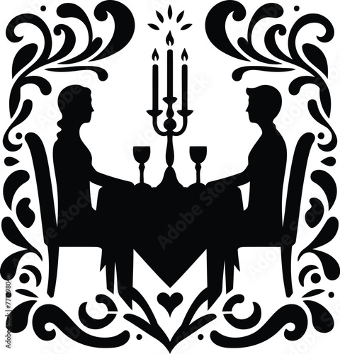 couple dating dinner with victorian flourish decoration in black and white illustration