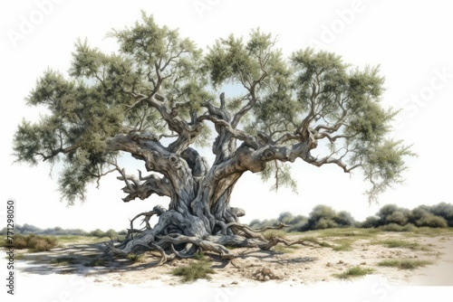 An old olive tree with its gnarled branches and silvery leaves, standing in a sun-drenched field, isolated on white background
