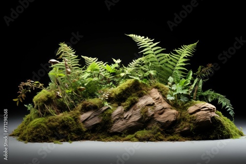 A forest floor with a variety of ferns, mosses, and other plants, isolated on white background