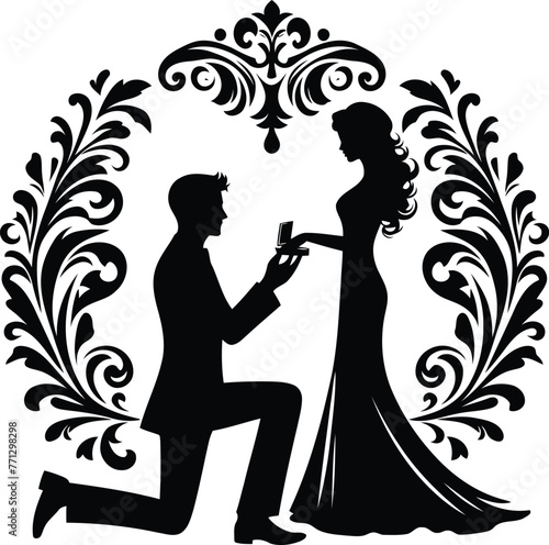 couple proposed with victorian flourish decoration in black and white illustration