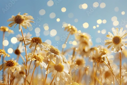daisies covered in golden glitter against a blue sky  summer vibes