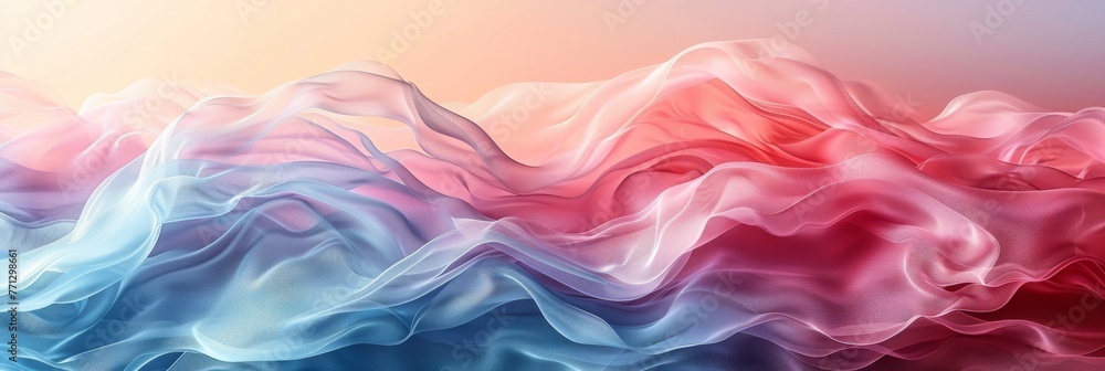 Fototapeta premium Abstract colorful spheres on wavy landscape. Vibrant and surreal landscape with colorful orbs floating above wavy layers, a scene that combines fantasy and serenity in a modern style