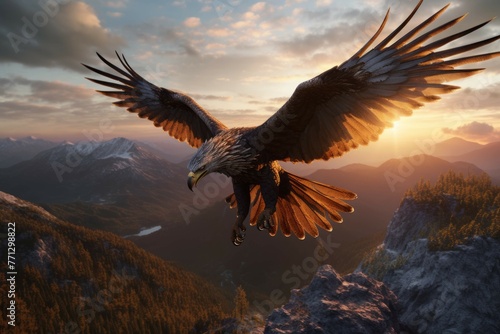 A griffin flying over a mountain range at sunset