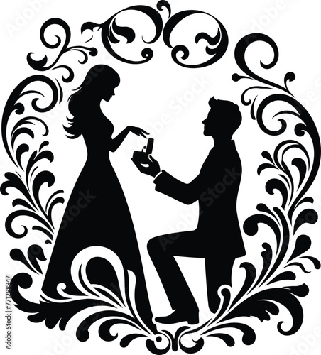 couple proposed with victorian flourish decoration in black and white illustration