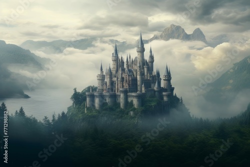 A majestic castle in a faraway land, surrounded by lush green forests and a mysterious fog