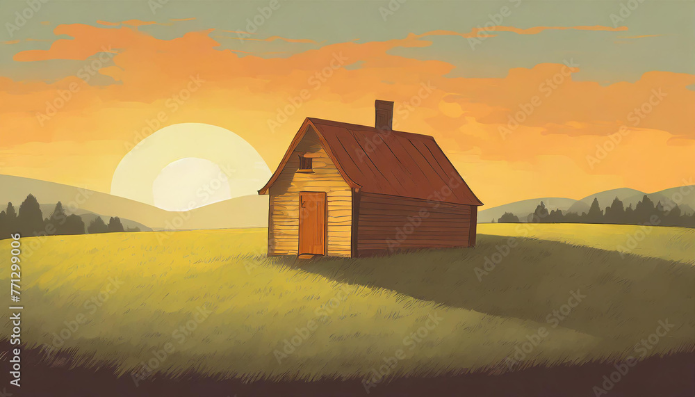 Illustration of a small wooden house standing alone in the middle of an open field at sunset, creating a serene and tranquil landscape.