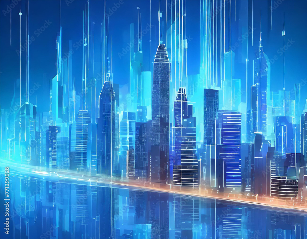 Illustration of a modern futuristic smart city concept with abstract bright lights against a blue background. Showcases cityscape urban architecture, emphasizing a futuristic technology city