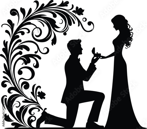 couple proposed with victorian flourish decoration in black and white illustration