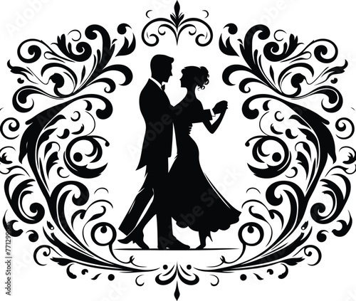 couple dancing with victorian flourish decoration in black and white illustration