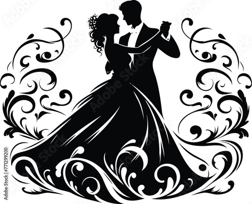 couple dancing with victorian flourish decoration in black and white illustration