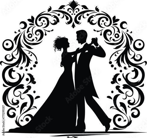couple dancing with victorian flourish decoration in black and white illustration