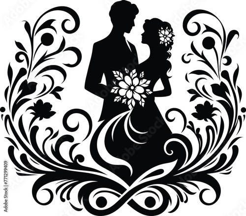 couple romantic with victorian flourish decoration in black and white illustration