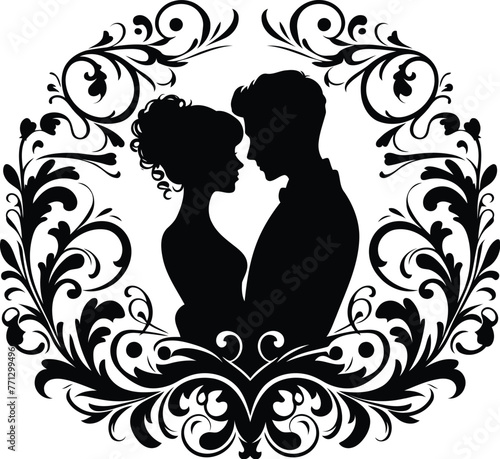 couple romantic with victorian flourish decoration in black and white illustration