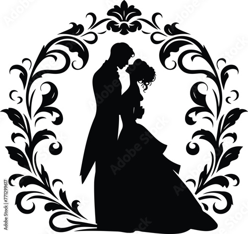couple romantic with victorian flourish decoration in black and white illustration