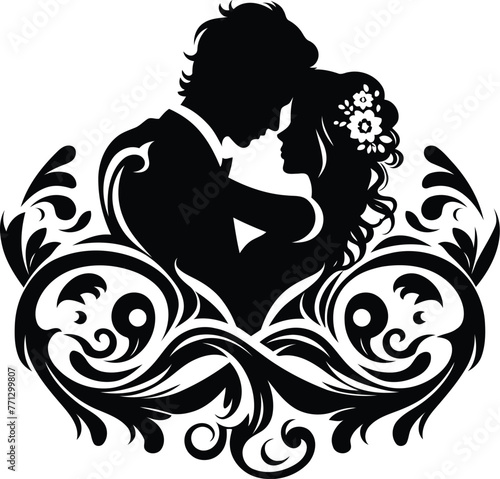 couple romantic with victorian flourish decoration in black and white illustration