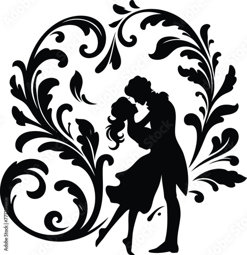 couple romantic with victorian flourish decoration in black and white illustration