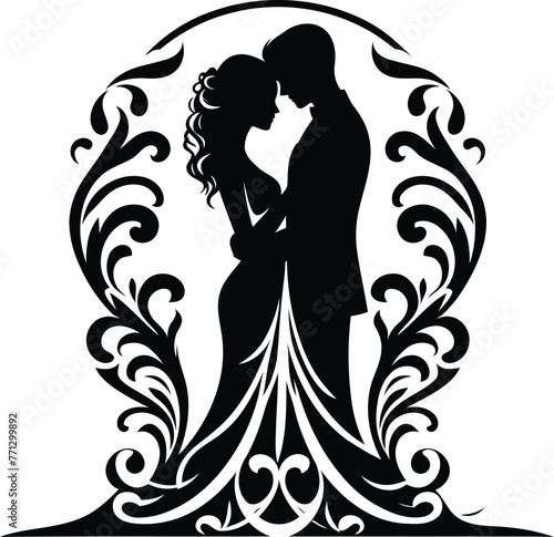 couple romantic with victorian flourish decoration in black and white illustration