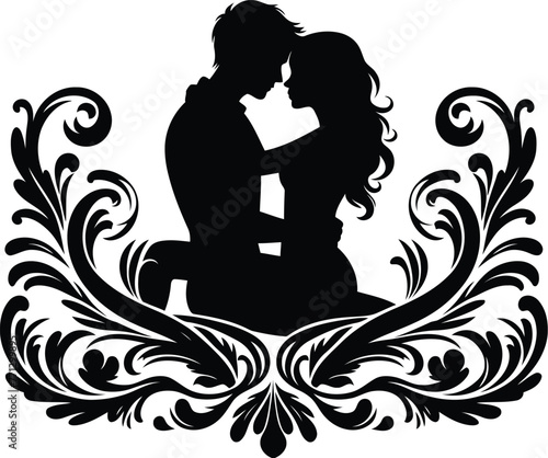 couple romantic with victorian flourish decoration in black and white illustration