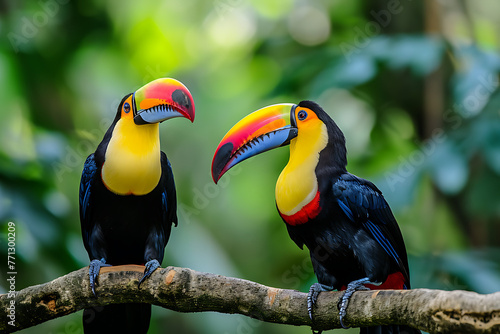 two toucans standing on the branch in the style of bo 3b126b9b-1dbc-4db5-95a3-14d2cbc9cfd8 0